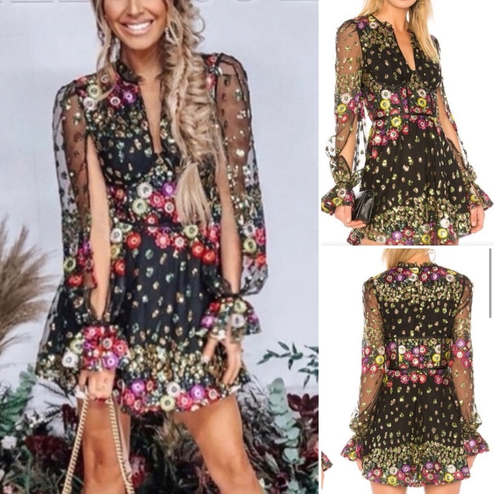 Lovers + Friends Kensington Sequin Mesh Long Sleeve Dress BEAUTIFUL